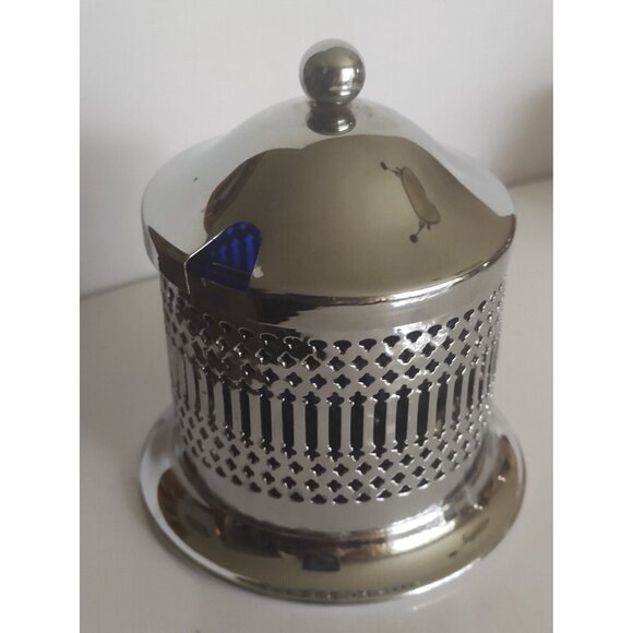 England Chrome Covered Jam/Honey - Condiment Server w Cobalt Blue Insert - Picture 11 of 12